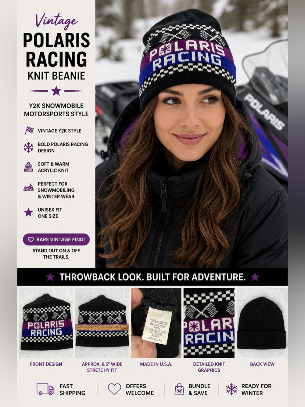 Vintage Polaris Racing Knit Beanie Hat Black Purple Blue Y2K Snowmobile USA Made